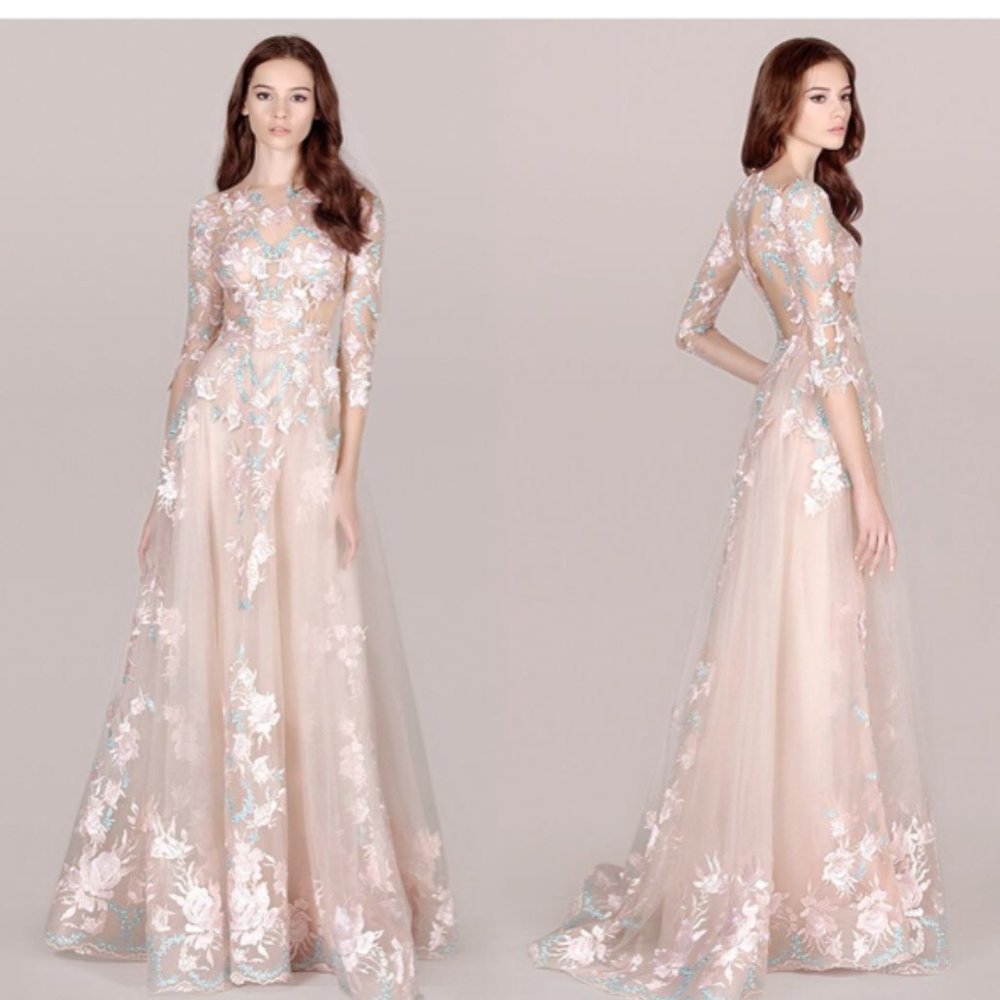 MIKAEL D blush gown with turquoise Guipure lace detail